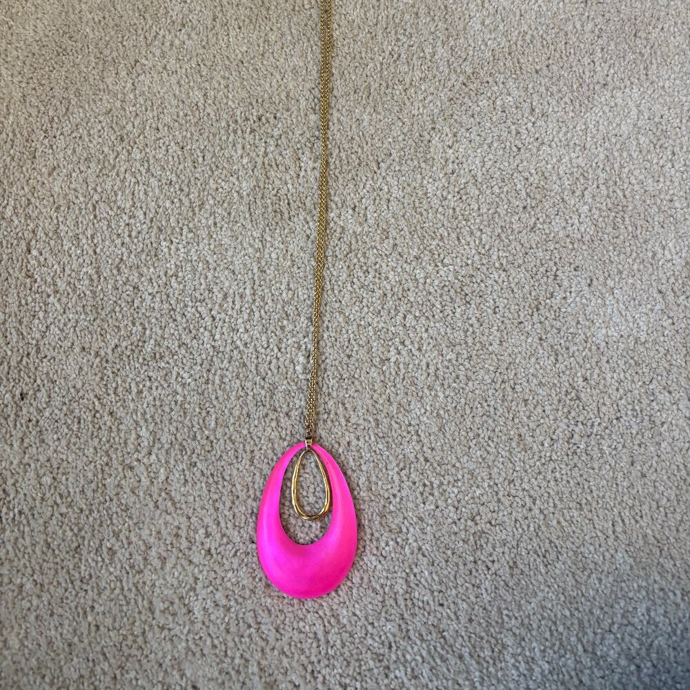 Alexis Bittar Hand Carved Neon Pink Lucite Oval Pendant Necklace
